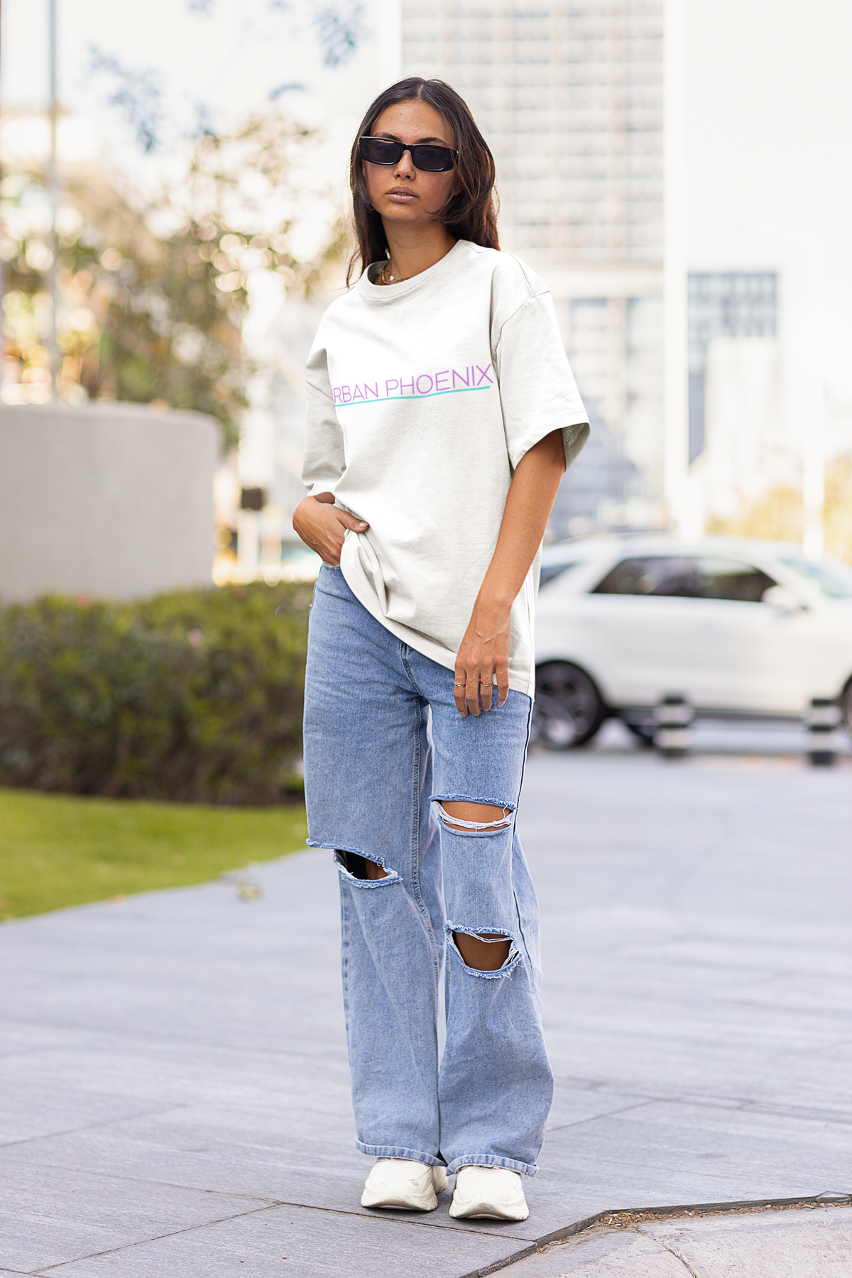 Urban Oversized Tee White/Purple Aqua
